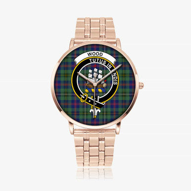 Scottish Wood Clan Crest Tartan Instafamous Steel Quartz Watches Tartan Plaid Rose Gold 1