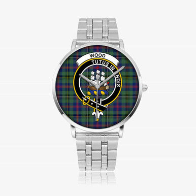 Scottish Wood Clan Crest Tartan Instafamous Steel Quartz Watches Tartan Plaid Silver 1