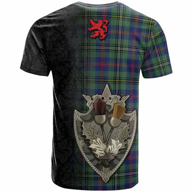 Scottish Wood Clan Crest Tartan T-Shirt - Half Thistle Flowers Celtic Design Back Side Tartan Plaid