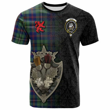 Scottish Wood Clan Crest Tartan T-Shirt - Half Thistle Flowers Celtic Design Front Side Tartan Plaid