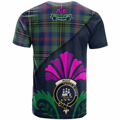 Scottish Wood Clan Crest Tartan T-Shirt - Scotland Thistle Style Back Side Tartan Plaid