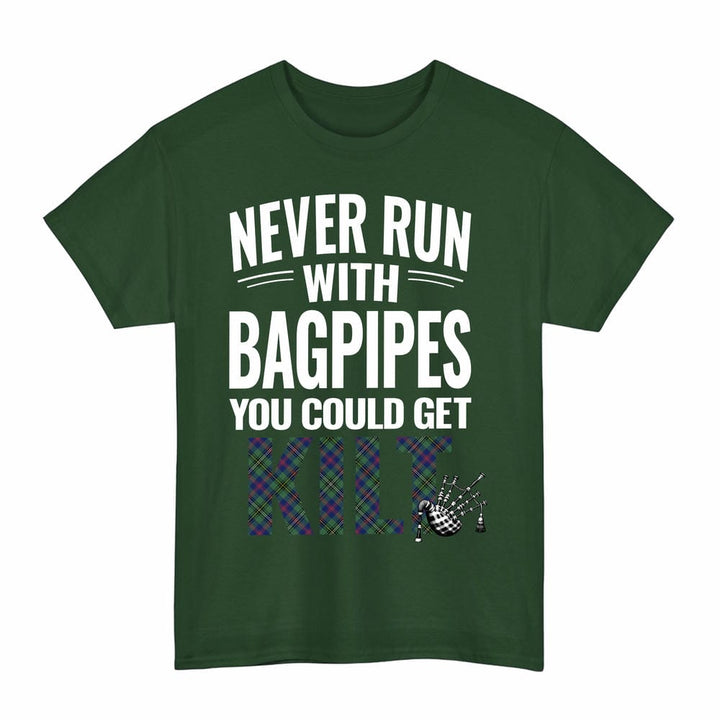 Scottish Wood Modern Clan Tartan Never Run With Bagpipes T-Shirt Tartan Plaid Forest Green Color
