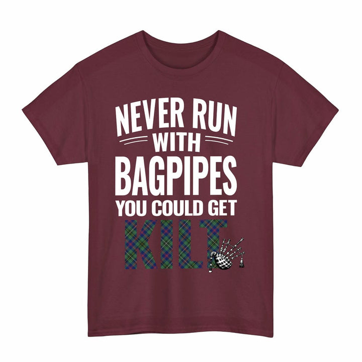Scottish Wood Modern Clan Tartan Never Run With Bagpipes T-Shirt Tartan Plaid Maroon Color