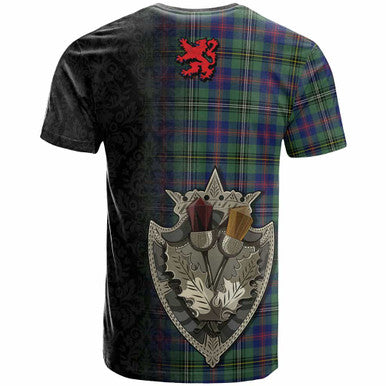 Scottish Wood Modern Clan Tartan T-Shirt - Half Thistle Flowers Celtic Design Back Side Tartan Plaid