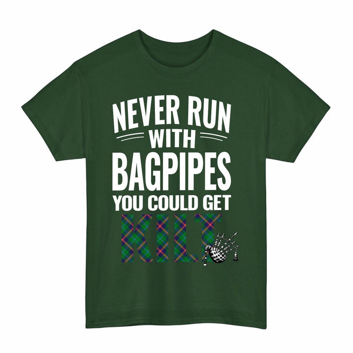 Scottish Young Modern Clan Tartan Never Run With Bagpipes T-Shirt Tartan Plaid Forest Green Color