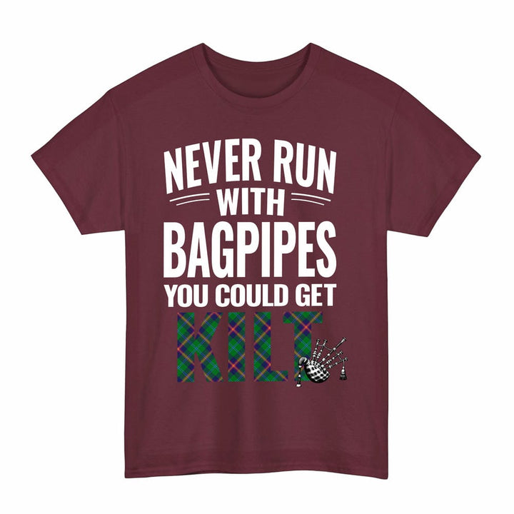 Scottish Young Modern Clan Tartan Never Run With Bagpipes T-Shirt Tartan Plaid Maroon Color