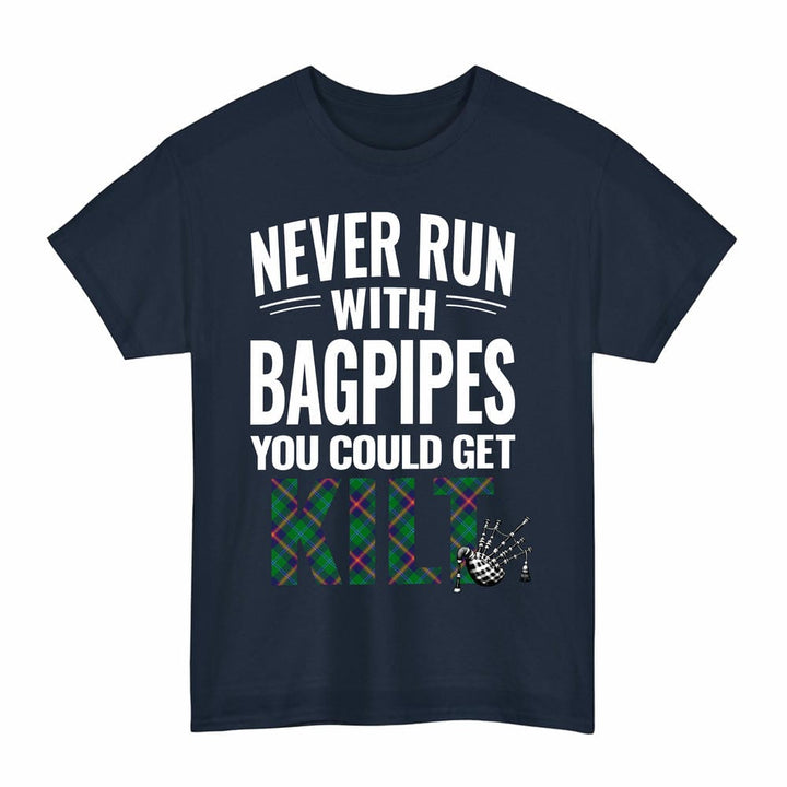 Scottish Young Modern Clan Tartan Never Run With Bagpipes T-Shirt Tartan Plaid Navy Color