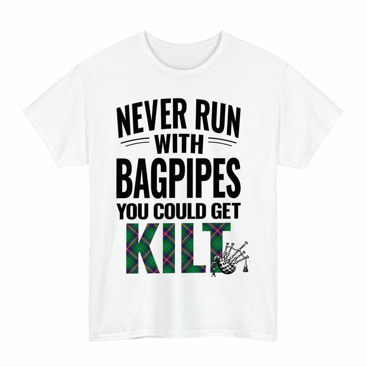 Scottish Young Modern Clan Tartan Never Run With Bagpipes T-Shirt Tartan Plaid White Color