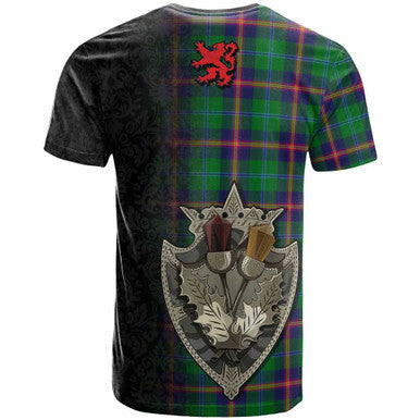 Scottish Young Modern Clan Tartan T-Shirt - Half Thistle Flowers Celtic Design Back Side Tartan Plaid