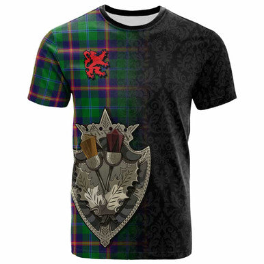Scottish Young Modern Clan Tartan T-Shirt - Half Thistle Flowers Celtic Design Front Side Tartan Plaid