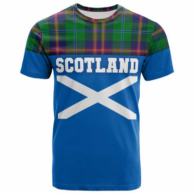 Scottish Young Modern Clan Tartan T-Shirt - Lion Rampant of Scotland With Flag Front Side Tartan Plaid